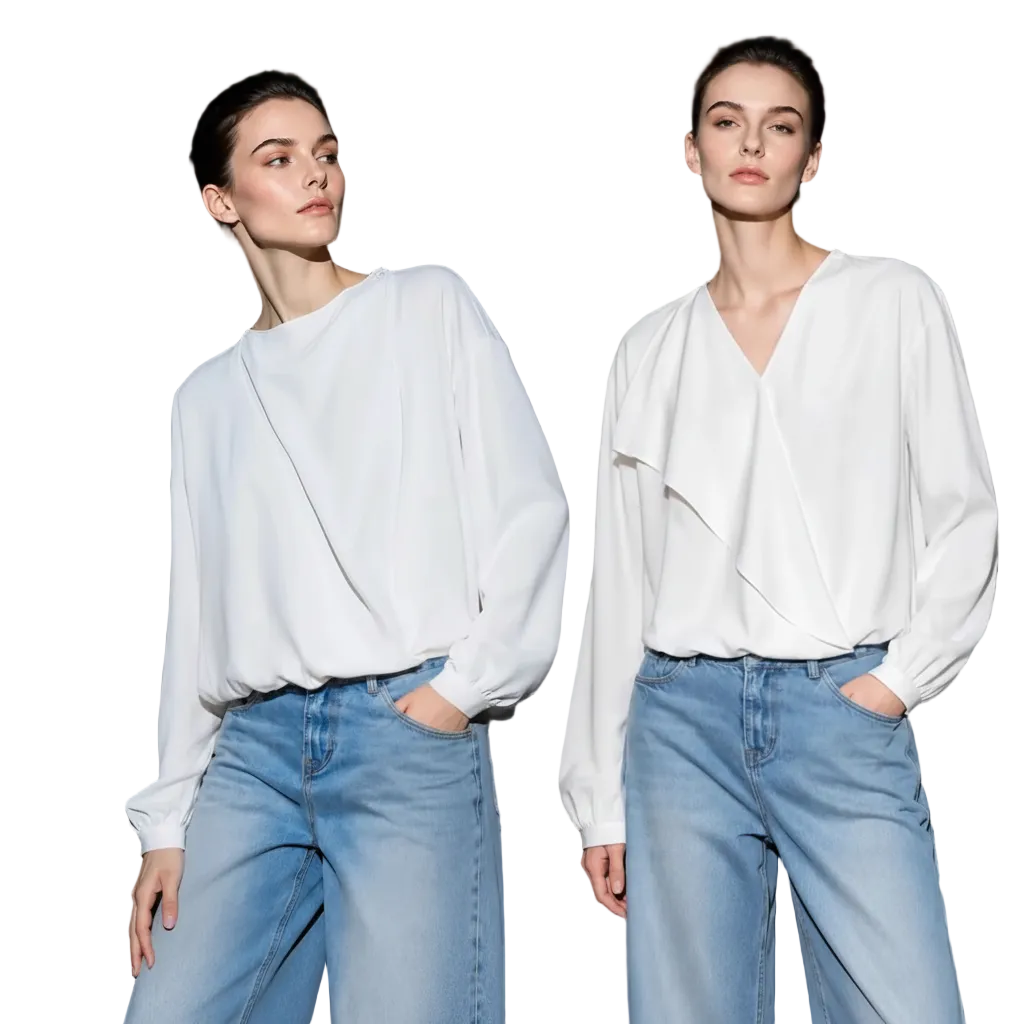 Two female models wearing white AMII long-sleeve wrap-style blouse tops and light blue jeans, posed against a dark studio background. The AMII brand name appears at top left, and a callout box on the left highlights soft, touch-sensitive fabric.