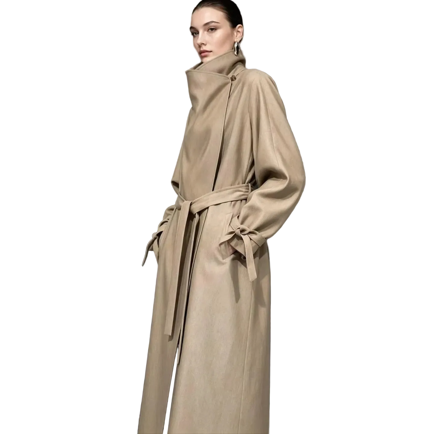 A model wears a long beige AMII coat with a high draped collar, long sleeves, and a matching waist tie. The background is a dark studio setting with a textured panel, and a small inset on the left shows a fabric texture closeup labeled 'Acetate texture pearlescent weave'.