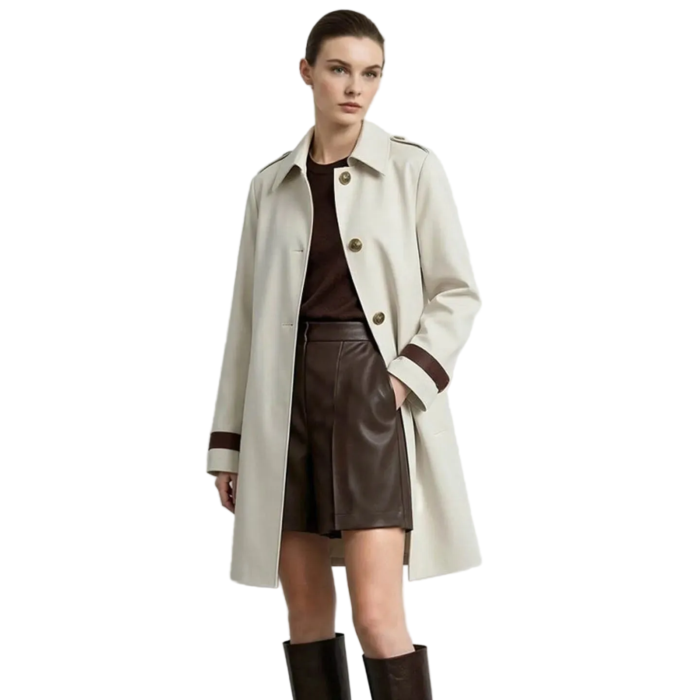 A model wearing a light beige trench coat with brown trim over a dark brown top and skirt, paired with dark brown knee-high boots. The AMII brand logo is visible in the top left corner against a plain light gray background.