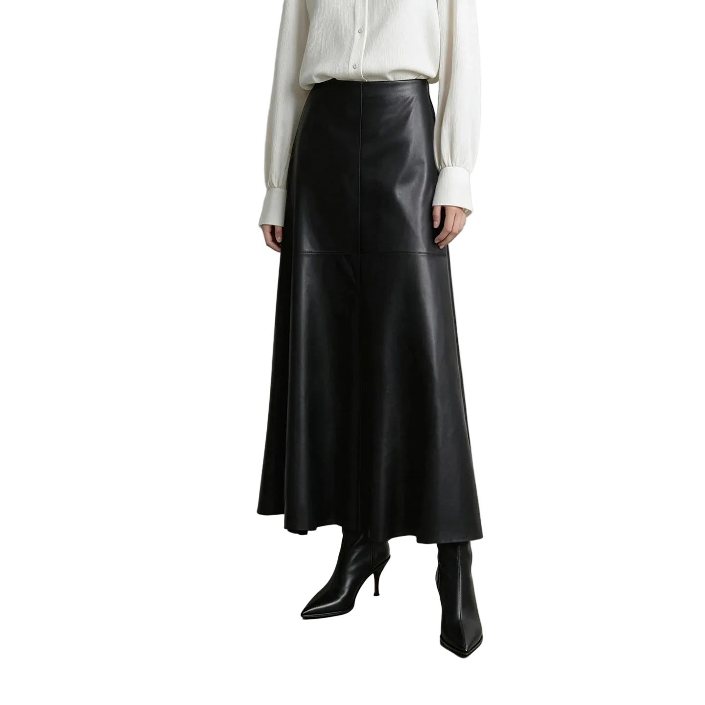 A model wearing an AMII black faux leather midi skirt, paired with a white blouse and black pointed-toe ankle boots, standing against a light gray studio wall.