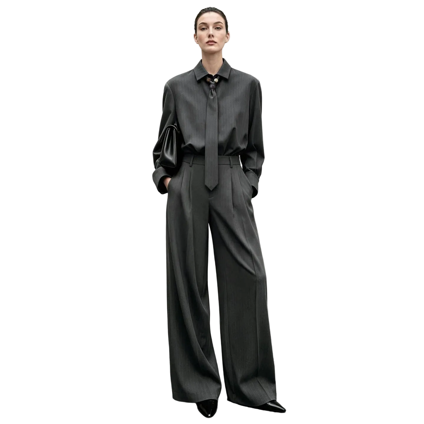 A model stands against a textured gray wall wearing an AMII dark gray long-sleeve button-up shirt with a matching tie and wide-leg trousers, paired with black pointed shoes.