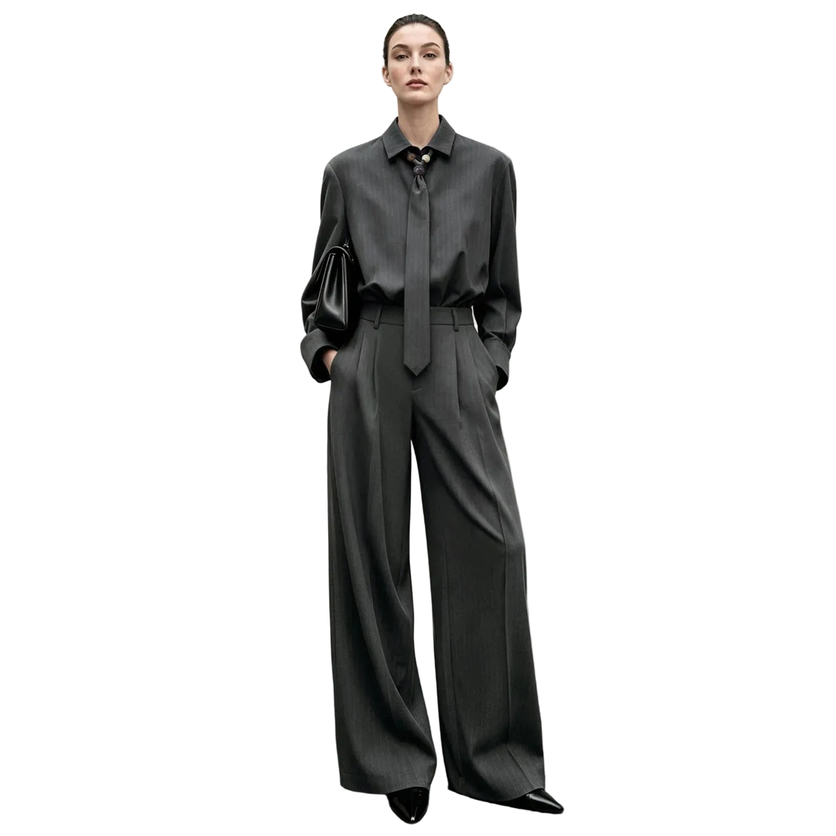 A model stands against a textured gray wall wearing an AMII dark gray long-sleeve button-up shirt with a matching tie and wide-leg trousers, paired with black pointed shoes.