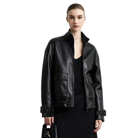 A model wearing a black leather jacket by AMII, styled with a black top and skirt, holding a black handbag against a plain white studio background.