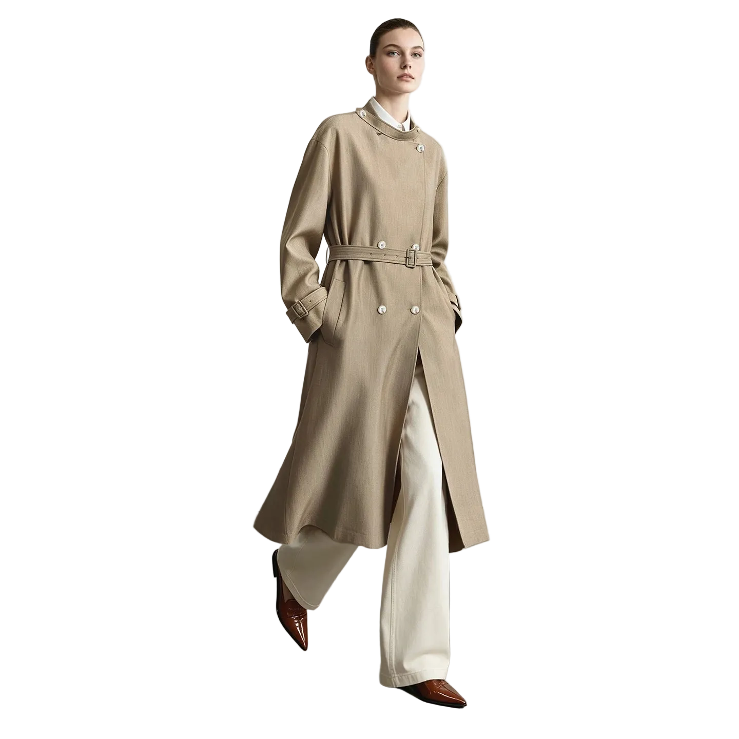 A model wearing a long beige trench coat with a matching belt, paired with cream wide-leg trousers and brown pointed shoes, standing in a minimalist studio setting with the AMII brand logo in the top left corner.