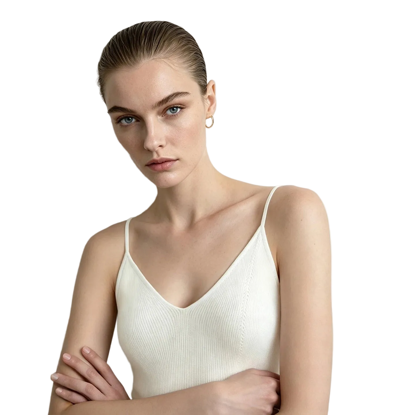 A model with slicked-back hair wears a cream ribbed camisole top and a small gold hoop earring, posed against a light gray studio background with the AMII logo in the top left corner.