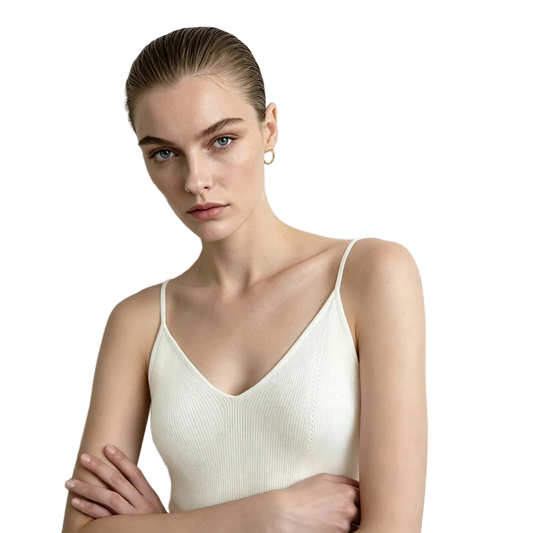 A model with slicked-back hair wears a cream ribbed camisole top and a small gold hoop earring, posed against a light gray studio background with the AMII logo in the top left corner.