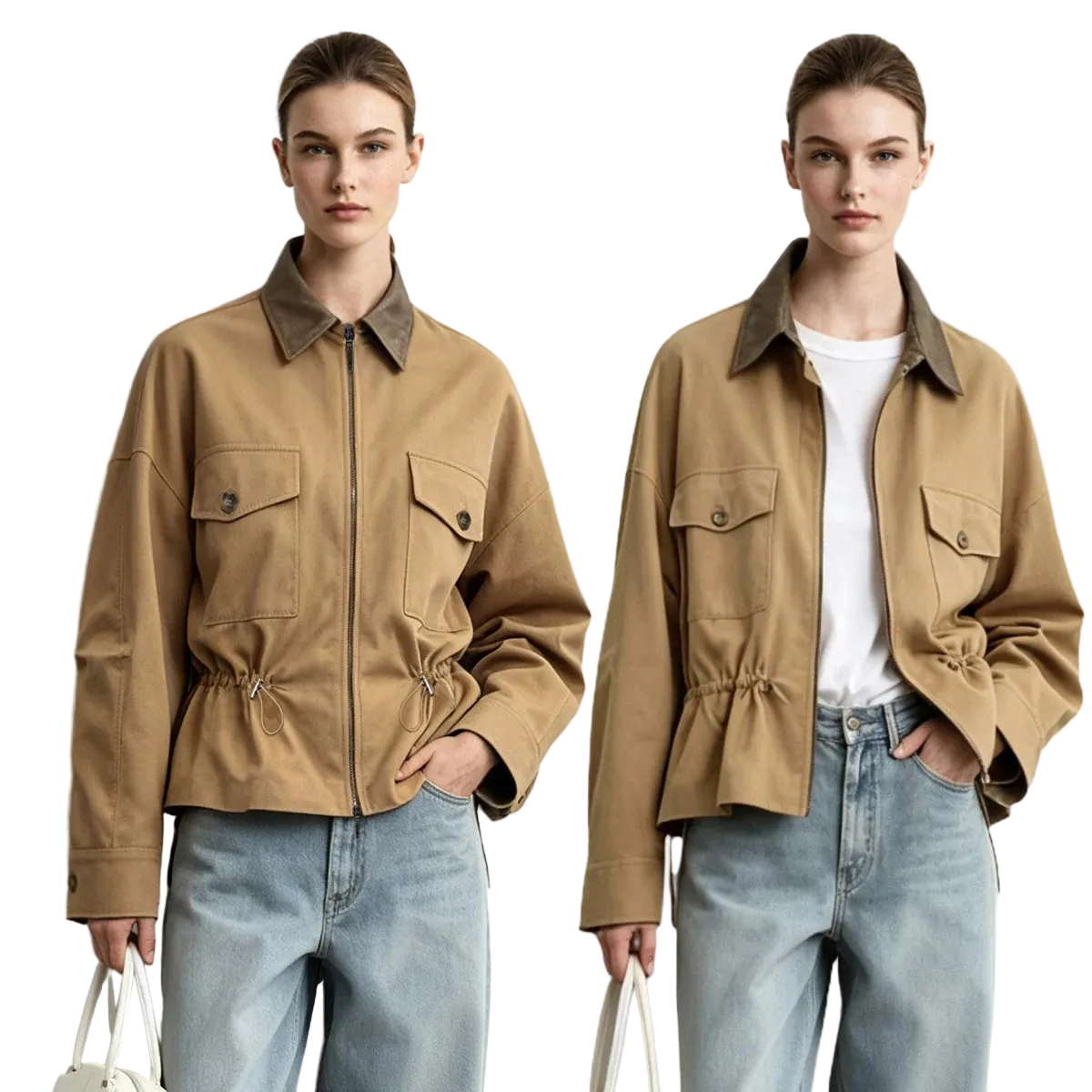 Two female models wearing AMII tan utility jackets with dark brown corduroy-style collars, shown against a light gray studio background. The jackets feature front flap pockets, a zip front, and a drawstring waist.