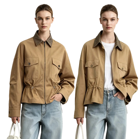 Two female models wearing AMII tan utility jackets with dark brown corduroy-style collars, shown against a light gray studio background. The jackets feature front flap pockets, a zip front, and a drawstring waist.