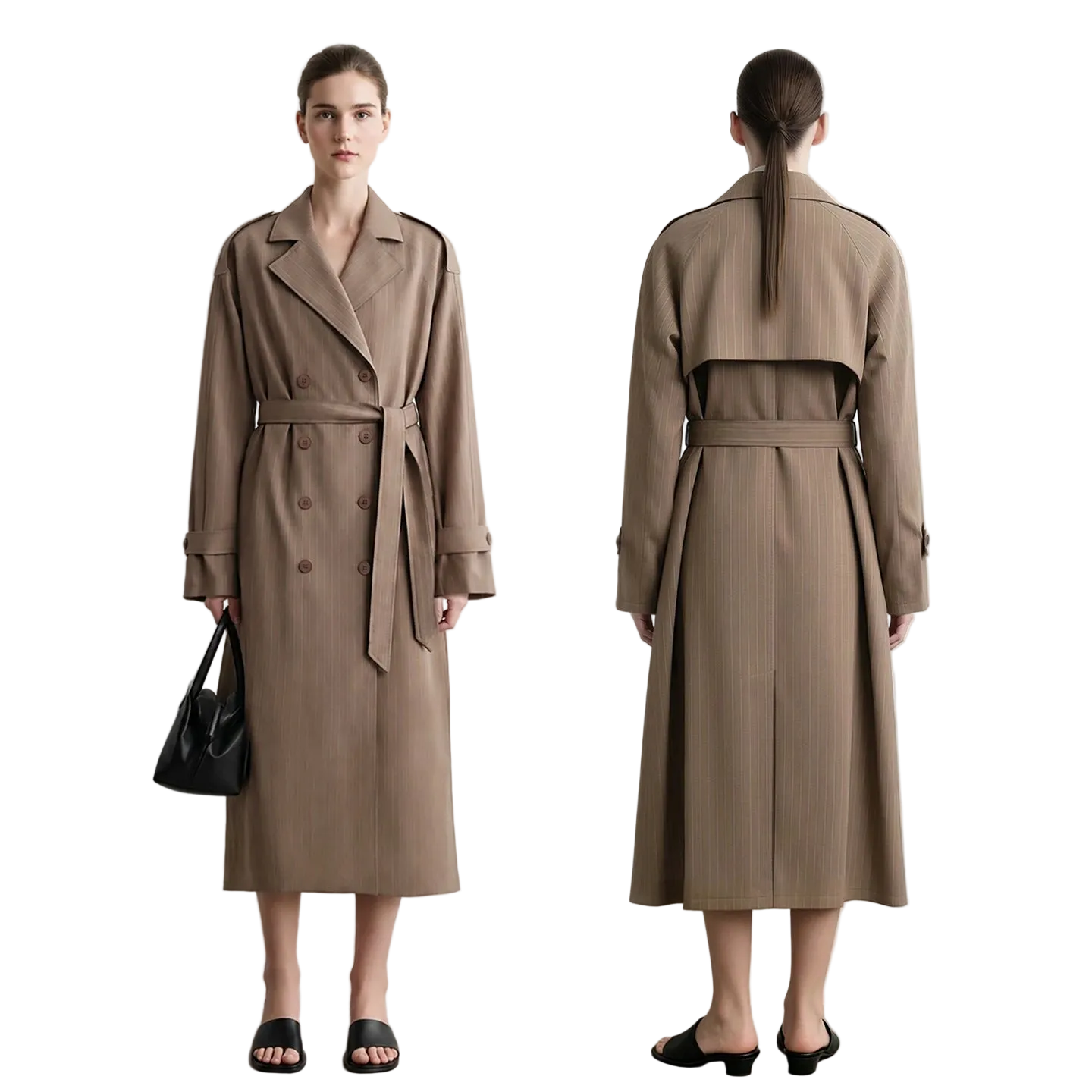 A model is shown wearing an AMII taupe-brown double-breasted trench coat, displaying both front and back views against a plain white studio background.