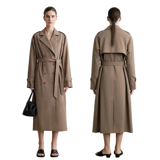 A model is shown wearing an AMII taupe-brown double-breasted trench coat, displaying both front and back views against a plain white studio background.
